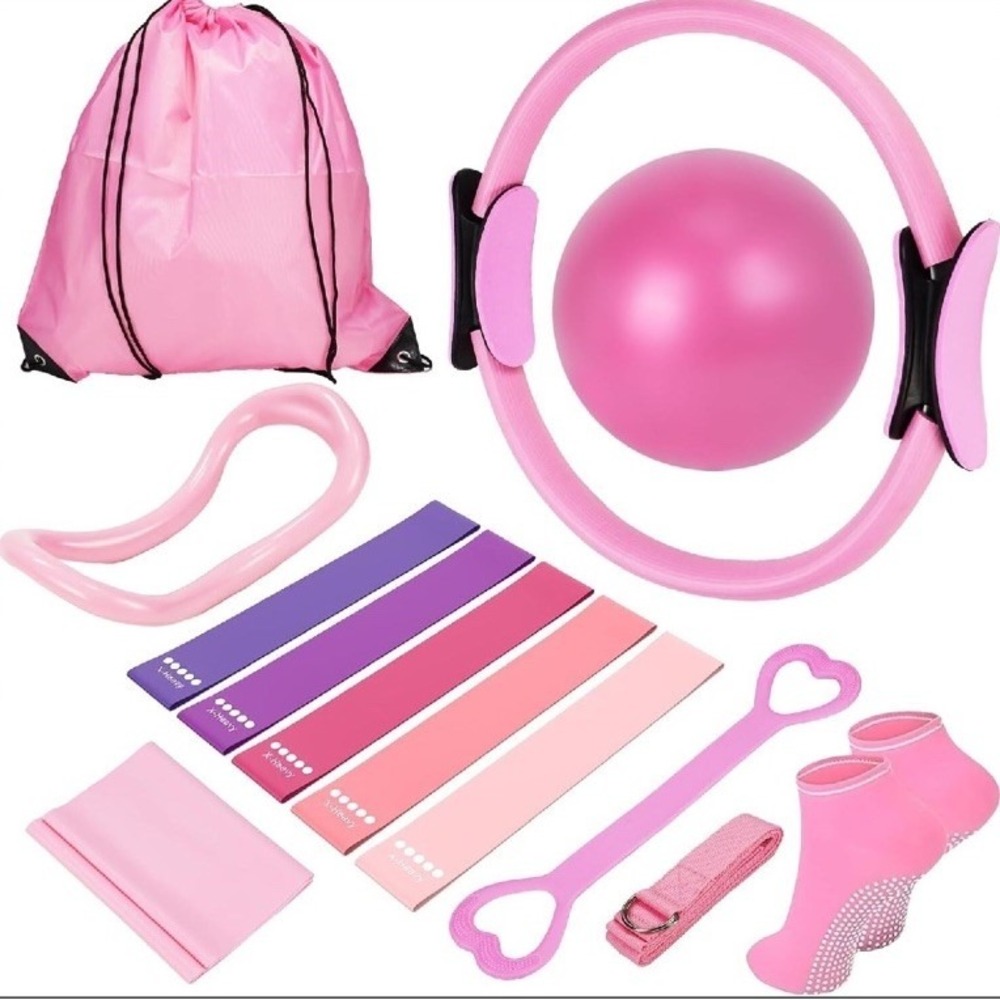 13pc Home Pilates Essentials Kit Resistance Bands Magic Circle Ring Pink ÑIB